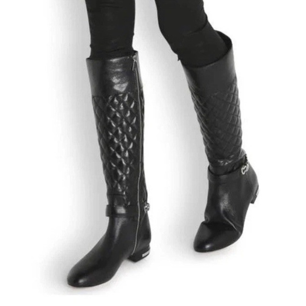 Michael Kors Ramsey tall black leather boots quilted silver chain accent 7M